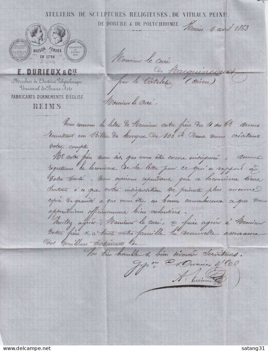 E. DURIEUX & CIE., FABRICANTS D'ORNEMENTS D'EGLISE, REIMS.LETTRE POUR MR LE CURE DE MACQUINCOURT, POSTE LE CATELET. - 1853-1860 Napoléon III.