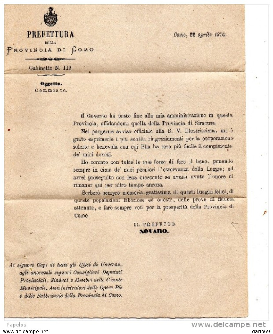 1876 LETTERA CON ANNULLO COMO  LETTERA DI COMMIATO - Officials