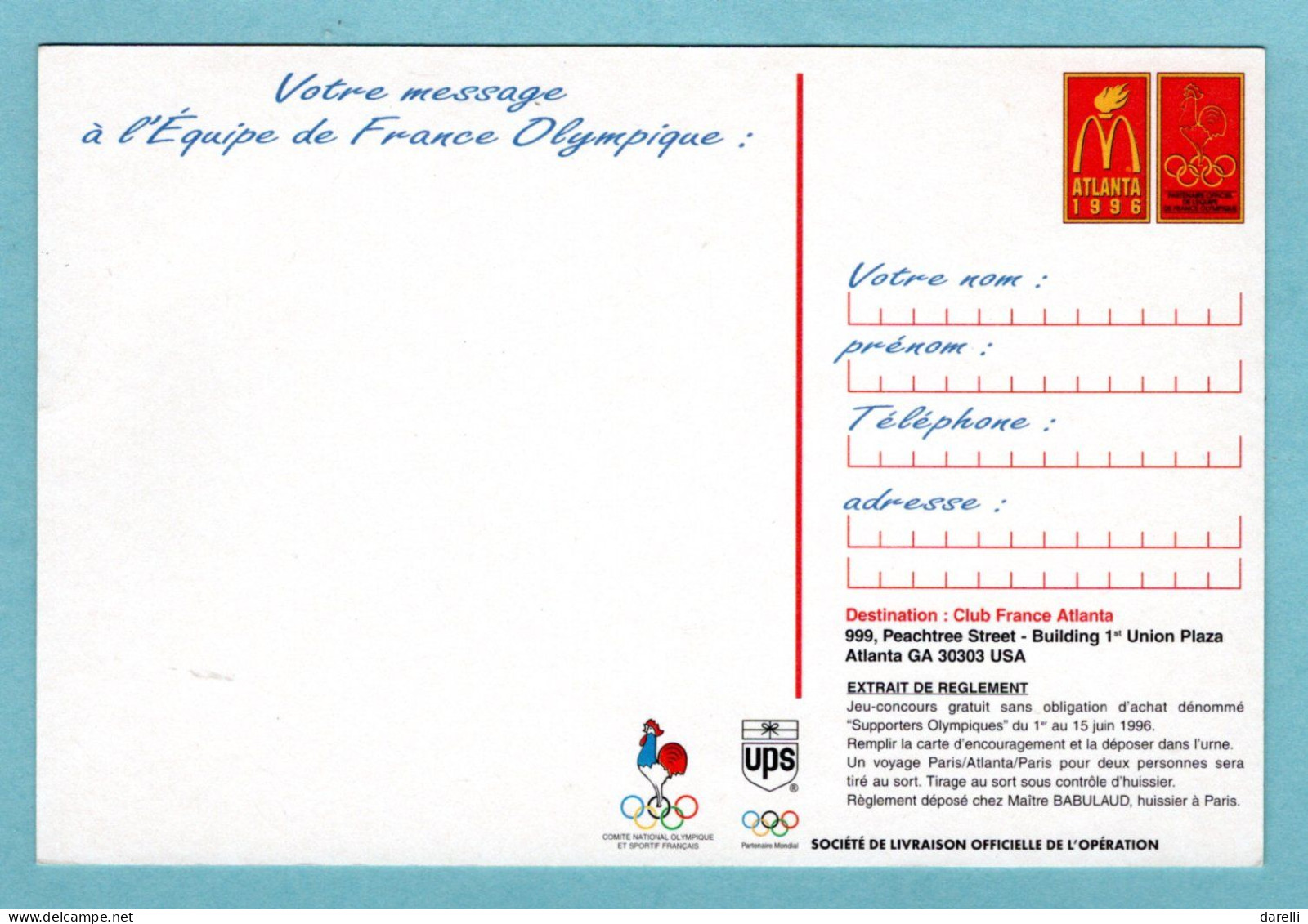 CP - Envoyez Vos Encouragements à L'Equipe De France Olympique - Atlanta 1996 - Carte Publicitaire McDonald's - Olympic Games