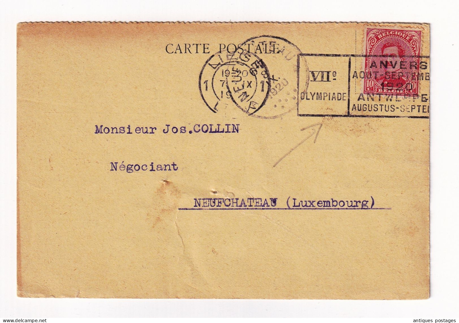 Liège Baar - Lecharlier Pour Neufchâteau Luxembourg Timbres Quittance Flamme Jeux Olympiques Anvers Olympic Games - Lettres & Documents