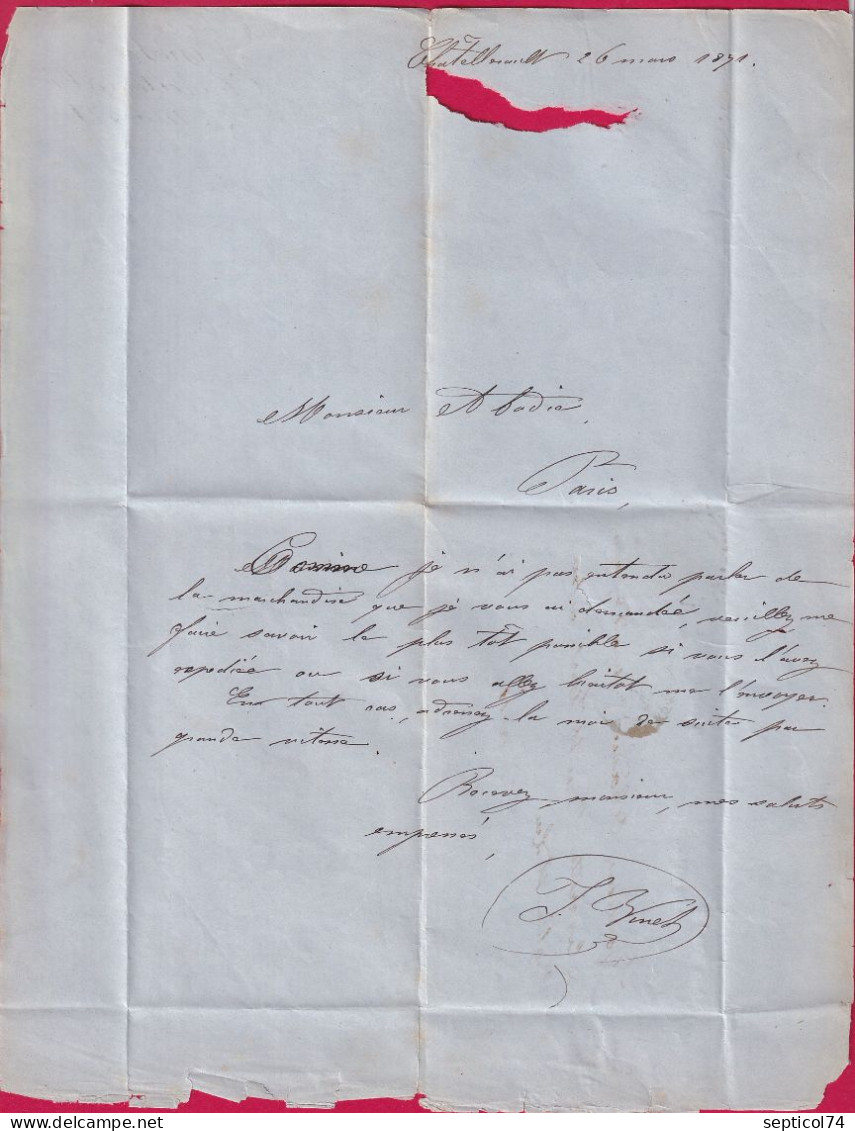 TENTATIVE ENTREE COMMUNE DE PARIS TEXTE CHATELLERAULT VIENNE 26 MARS 1871 AMBULANT LA ROCHELLE A PARIS LETTRE - Guerra Del 1870