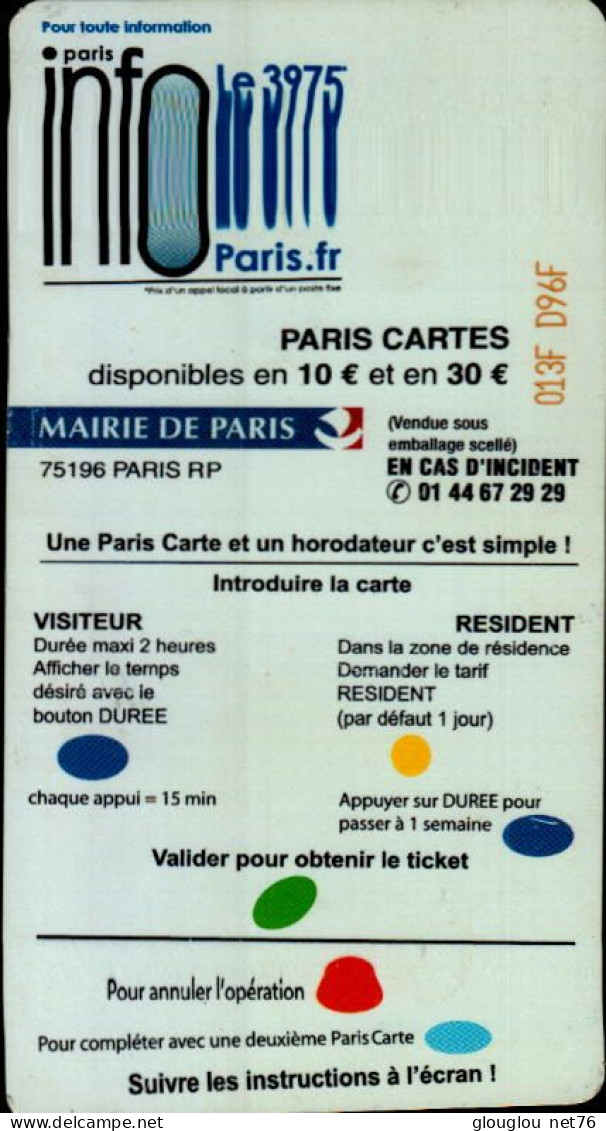 CARTE DE STATIONNEMENT  10 E    MAIRIE DE PARIS - Parkkarten