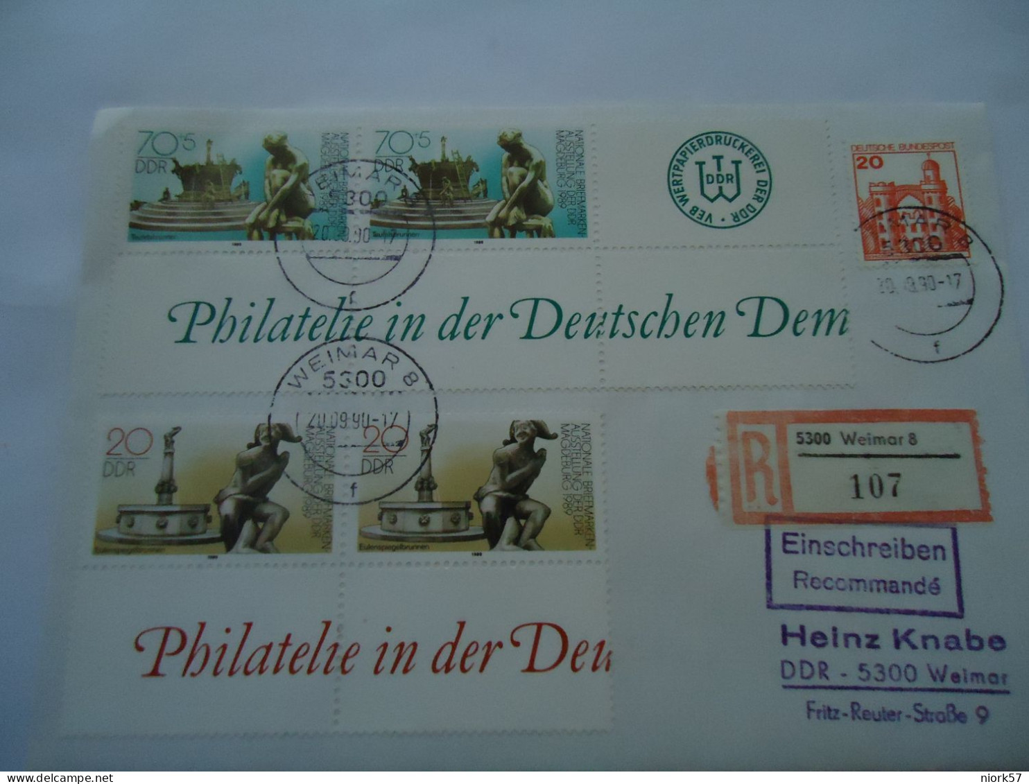 DDR  GERMANY  REGISTERED  COVER 1990    WEIMAR  WITH POSTAL RECEIPT - Autres & Non Classés