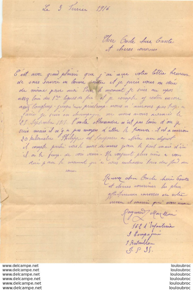 LE COURRIER DES ARMEES FRANCHISE MILITAIRE 1916   ECRITE A FORNERON PHILIPPE  PAR  UN SOLDAT DU 162 Em RGT INFANTEFRIE - Storia Postale