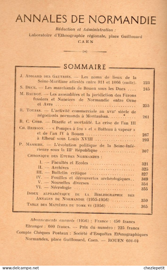 ANNALES DE NORMANDIE 1956 Toponymie 76 Marchands De Rouen Elbeuf Pompes à Feu - Normandie