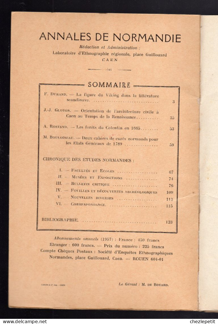 ANNALES DE NORMANDIE 1957 Figure Du Viking Forêts Du Cotentin Architecture Caen - Normandie