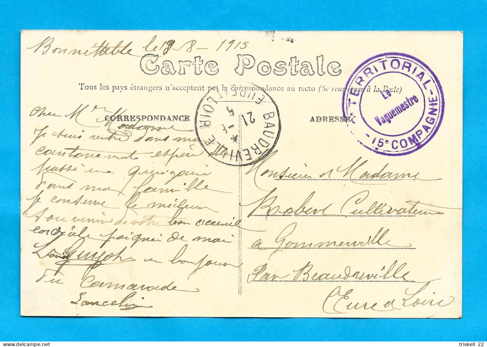 Château De Bonnétable - Oblitération De Baudreville 21-8-1915 - Brieven En Documenten