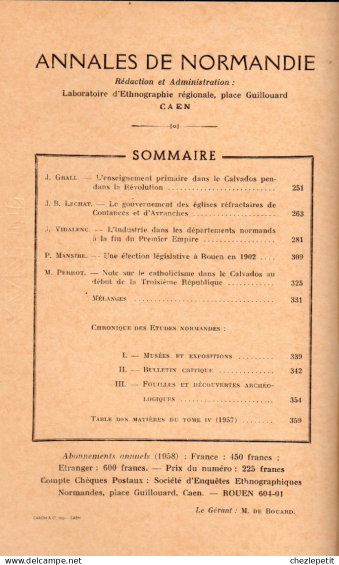 ANNALES DE NORMANDIE 1957 Enseignement Primaire églises Réfractaires Industrie - Normandie