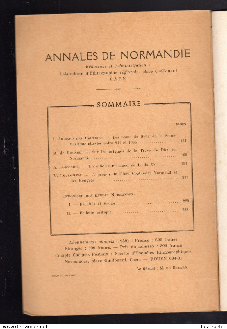 ANNALES DE NORMANDIE 1959 Trève De Dieu Tiers Coutumier Toponymie Seine Maritime - Normandie