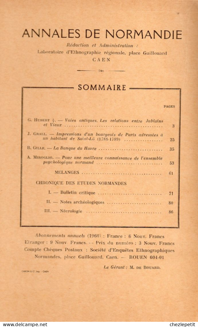 ANNALES DE NORMANDIE 1960 Voies Antiques Jublain Vieux Saint Lô Banque Du Havre - Normandie