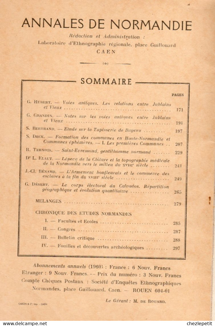 ANNALES DE NORMANDIE 1960 Voies Antiques Jublain Vieux Saint Evremond Honfleur Commerce D'esclaves - Normandie