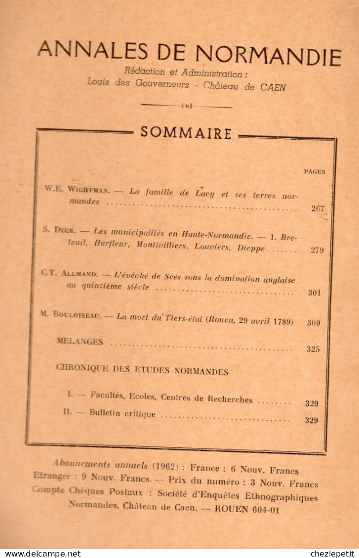 ANNALES DE NORMANDIE 1961 Famille De Lacy Breteuil Harfleur Louviers Dieppe Sées - Normandie