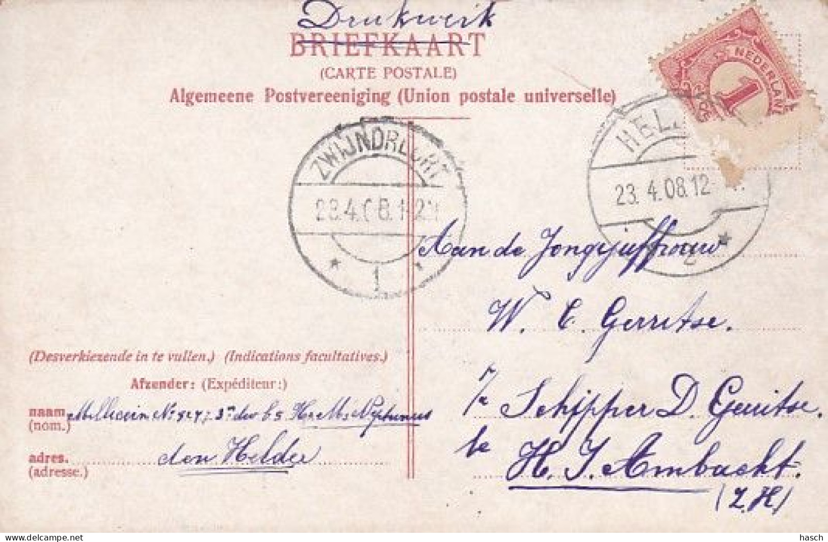 483780Den Helder, Hr. Ms.: ,, Holland’’(poststempel HELDER 1908)(linksboven Een Vouw) - Den Helder