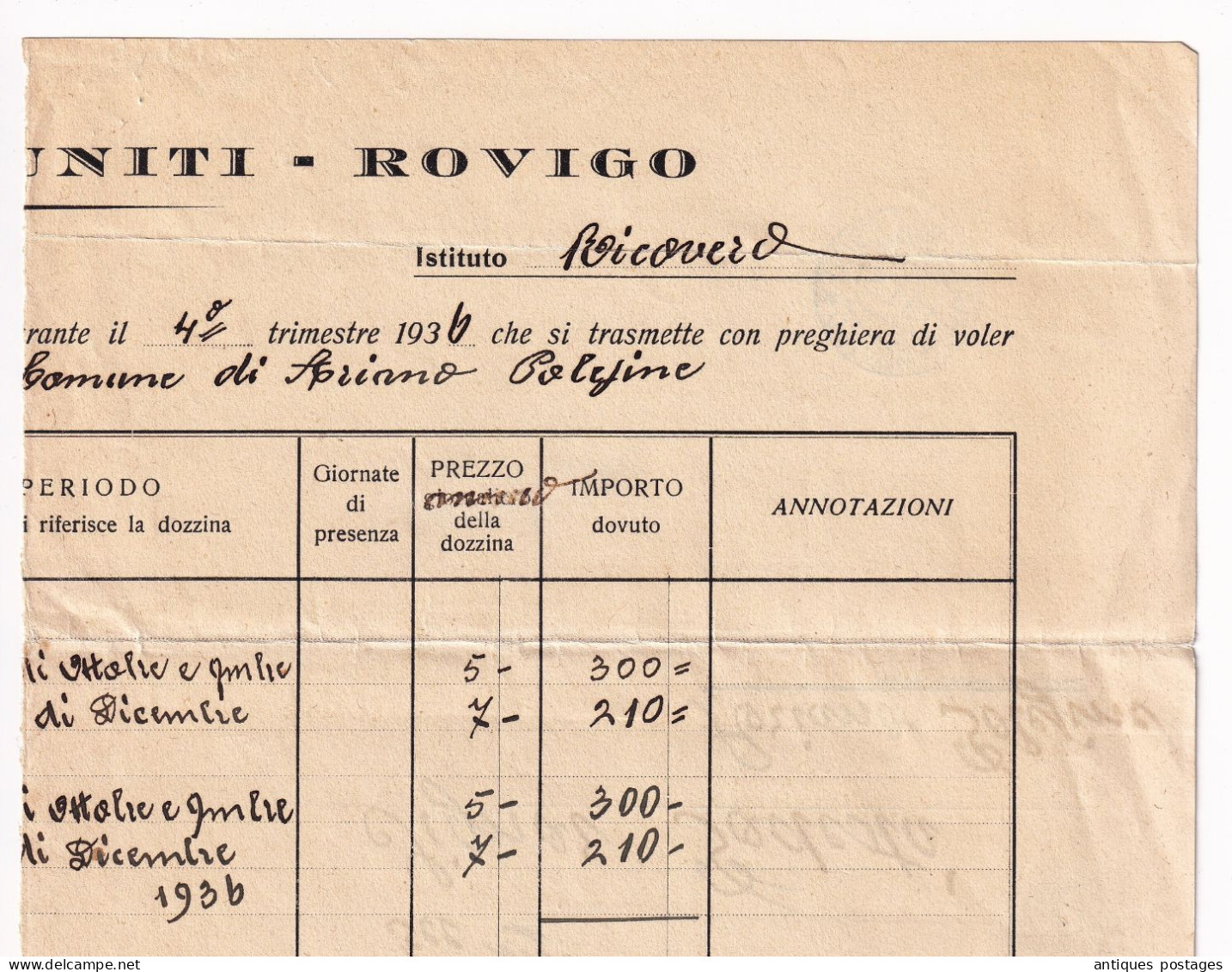 Italia 1937 Rovigo Ariano nel Polesine Luoghi Pii Riuniti Francobollo AUGUSTUS IMPERATORE