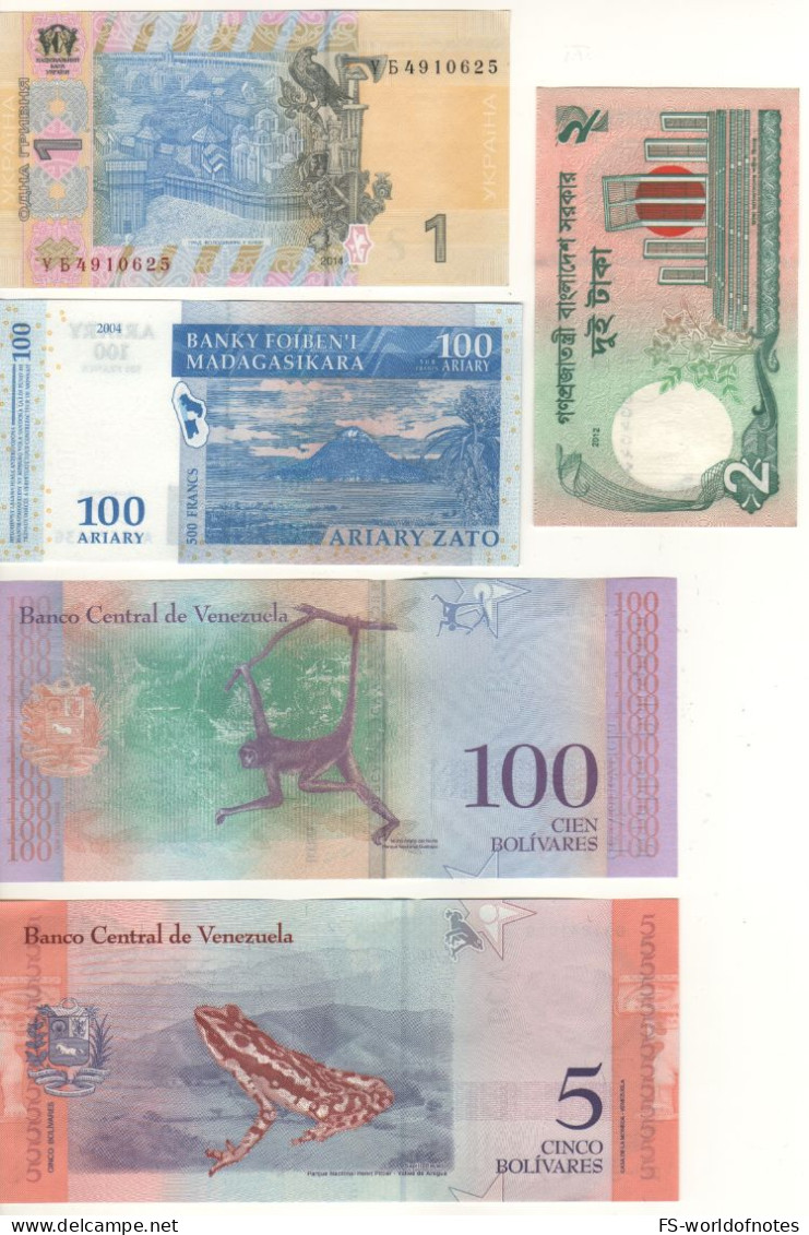 Lot Of 5 Banknotes  Banglagesh 2, Malawi 100, Ukraine 1, Venezuela 5 &1 00  All  UNC. - Andere & Zonder Classificatie