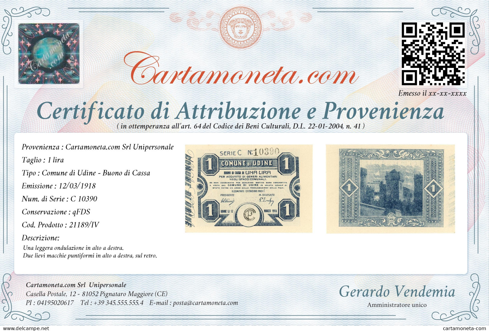 1 LIRA BUONO DI CASSA COMUNE DI UDINE WWI 12/03/1918 QFDS - Otros & Sin Clasificación