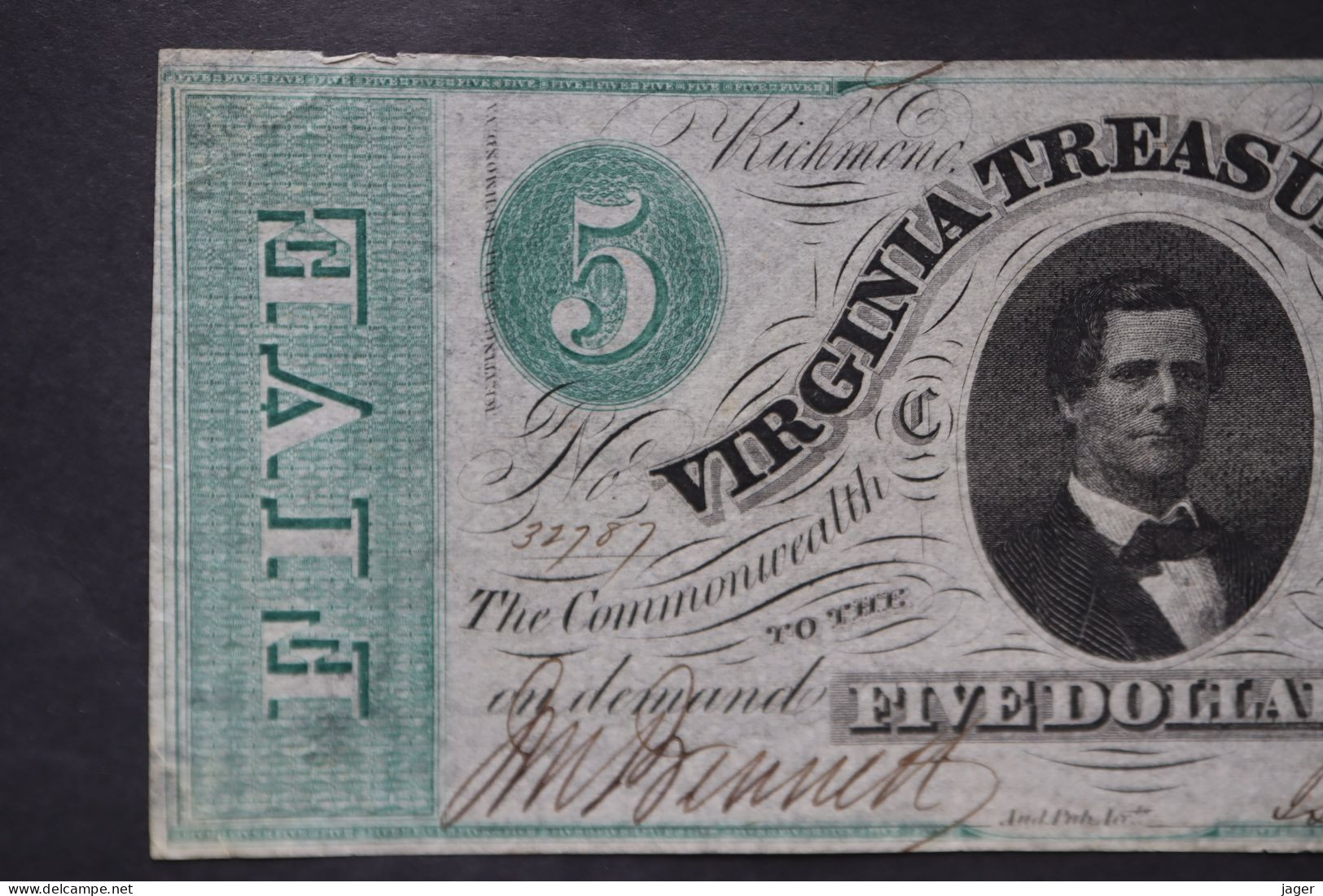 Billet  VIRGINIA TREASURE NOTE 5 DOLLARS 1862 ORIGINAL - Confederate Currency (1861-1864)