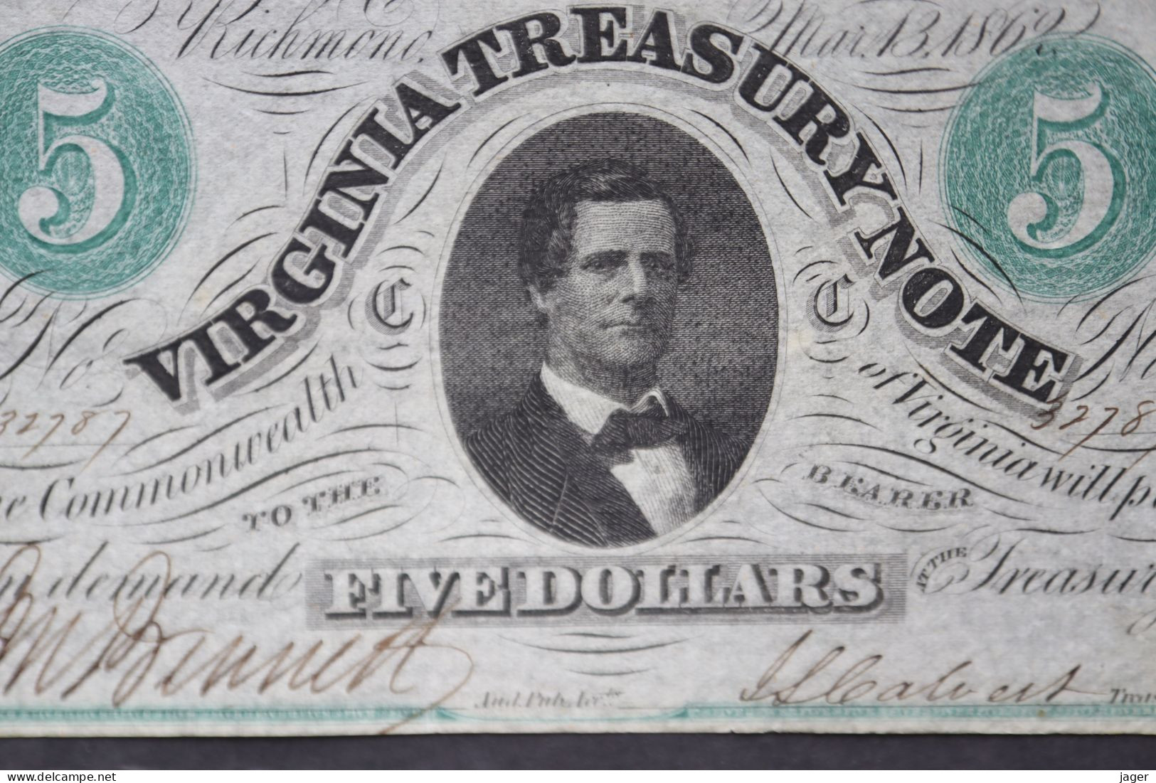 Billet  VIRGINIA TREASURE NOTE 5 DOLLARS 1862 ORIGINAL - Confederate Currency (1861-1864)