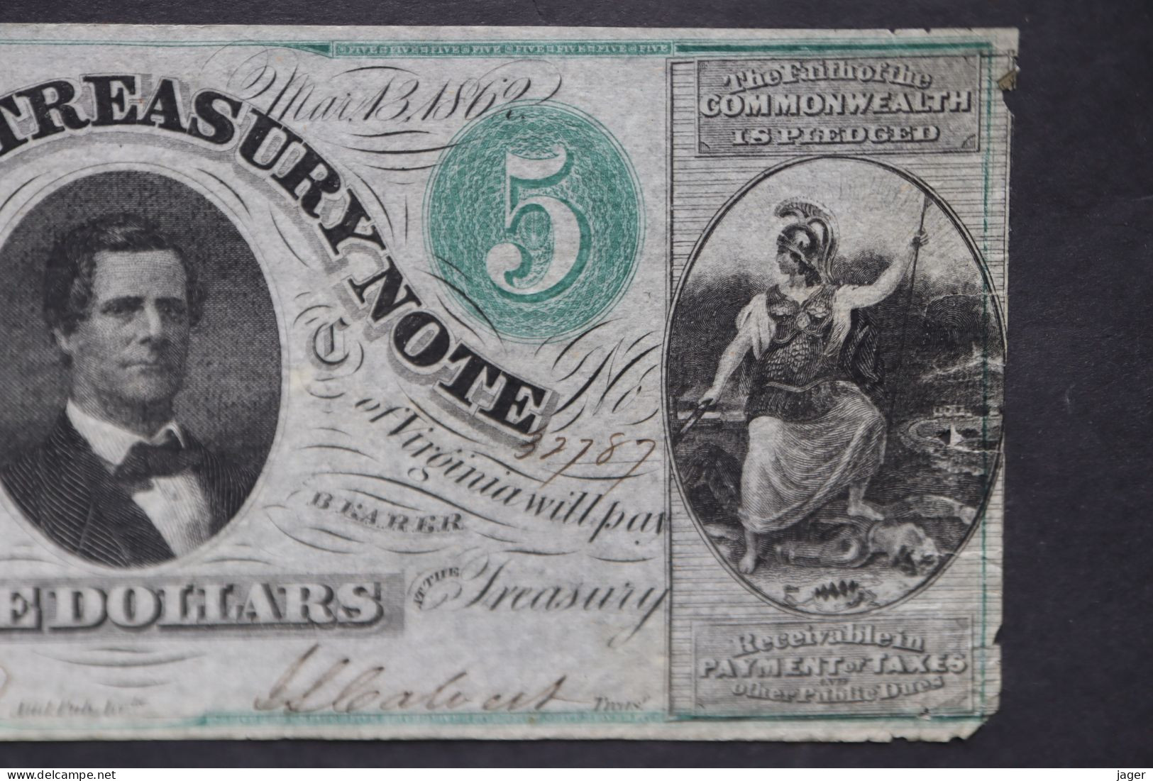 Billet  VIRGINIA TREASURE NOTE 5 DOLLARS 1862 ORIGINAL - Valuta Della Confederazione (1861-1864)
