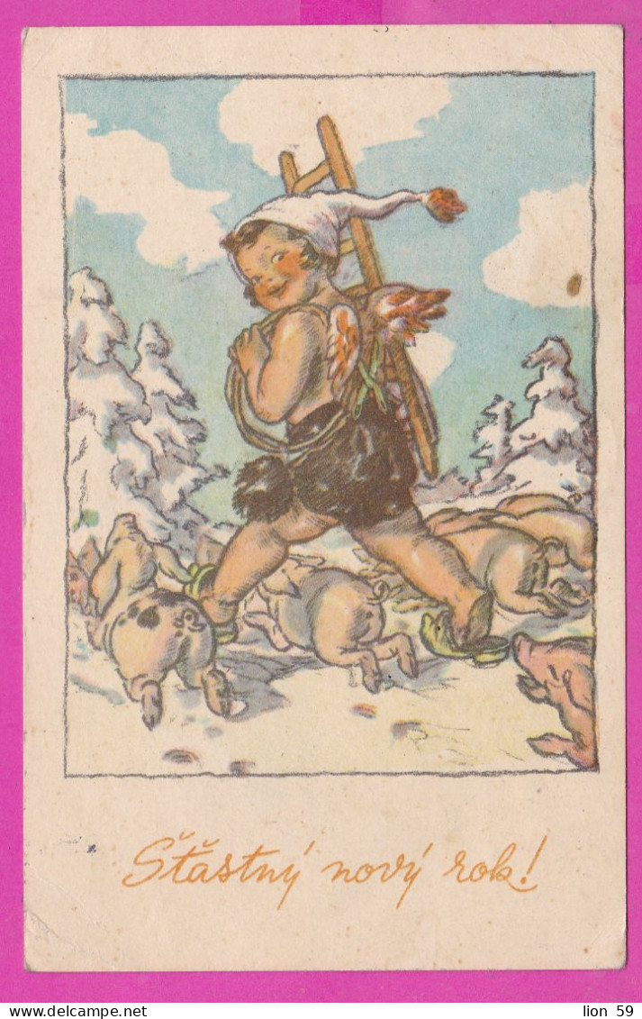 294766 / Czechoslovakia Illustrator Šťastný Nový Rok New Year Pigs Chimney Sweep Angel PC 1951 USED 4Kcs Jiří Wolker - P - Lettres & Documents
