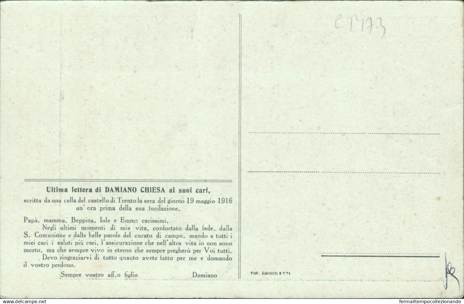 Ct473 Cartolina Damiano Chiesa Fucilato A Trento - Trento