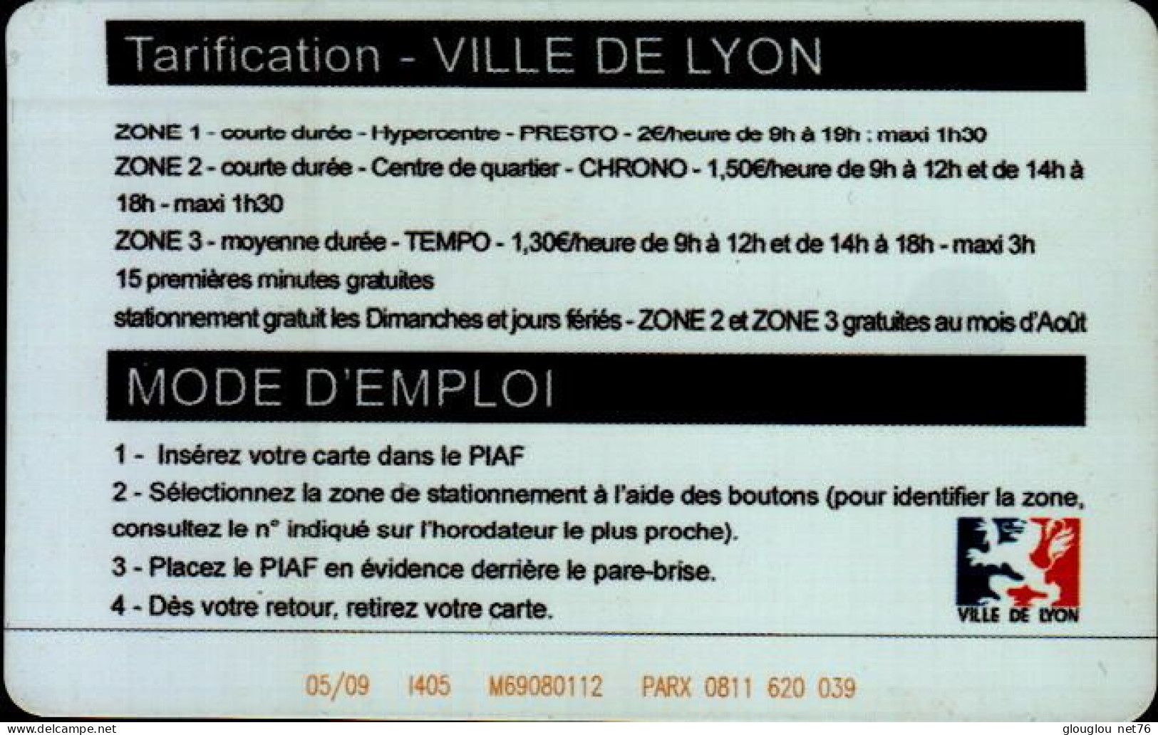 CARTE DE STATIONNEMENT  PIAF....VILLE DE LYON - Parkkarten