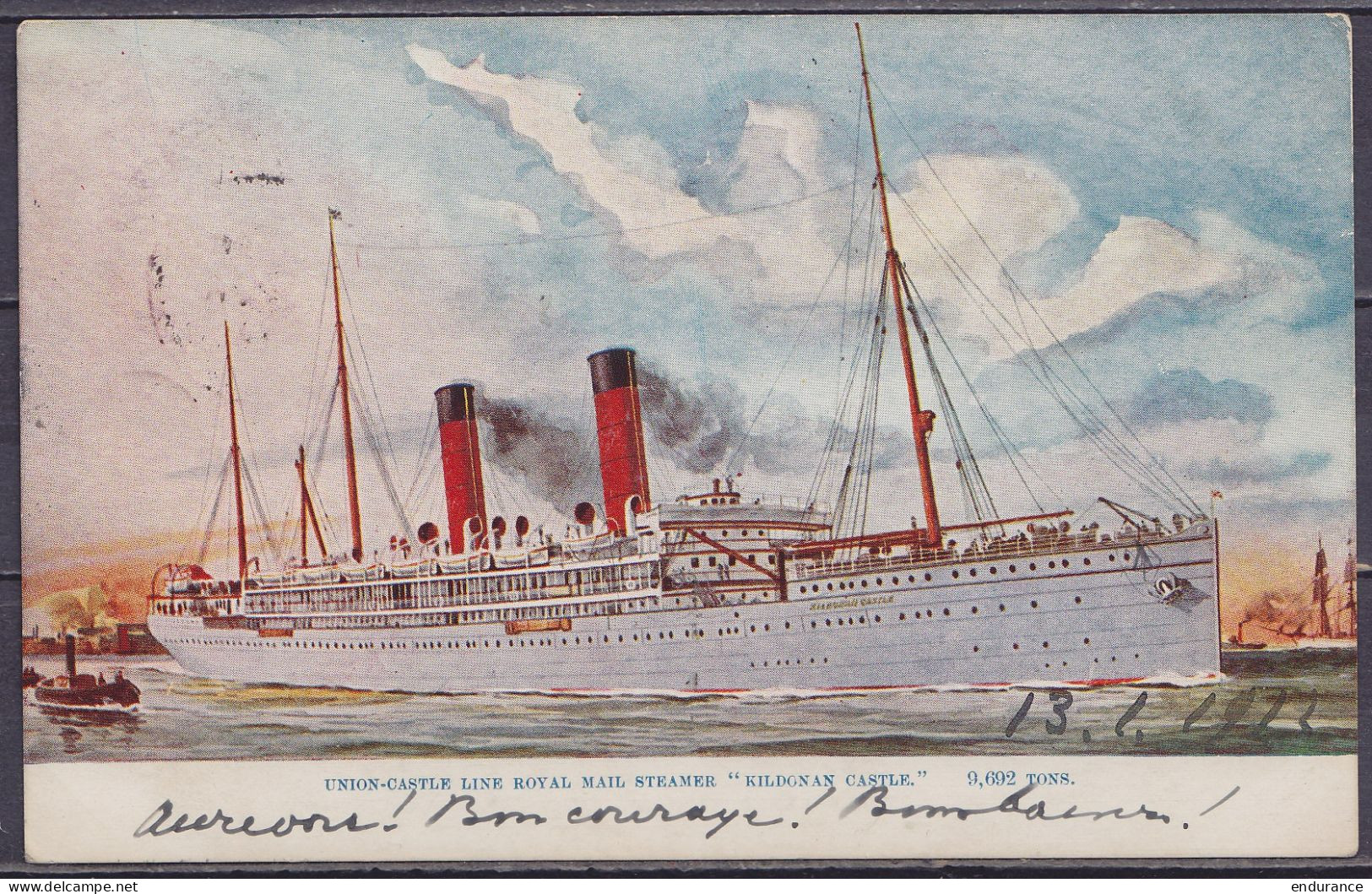 Grande-Bretagne - CP Paquebot "Kildonian Castle" Càd SOUTHAMPTON /13 JA 1912 Pour BRUXELLES - Càd Arrivée BRUXELLES - 1912 Pellens