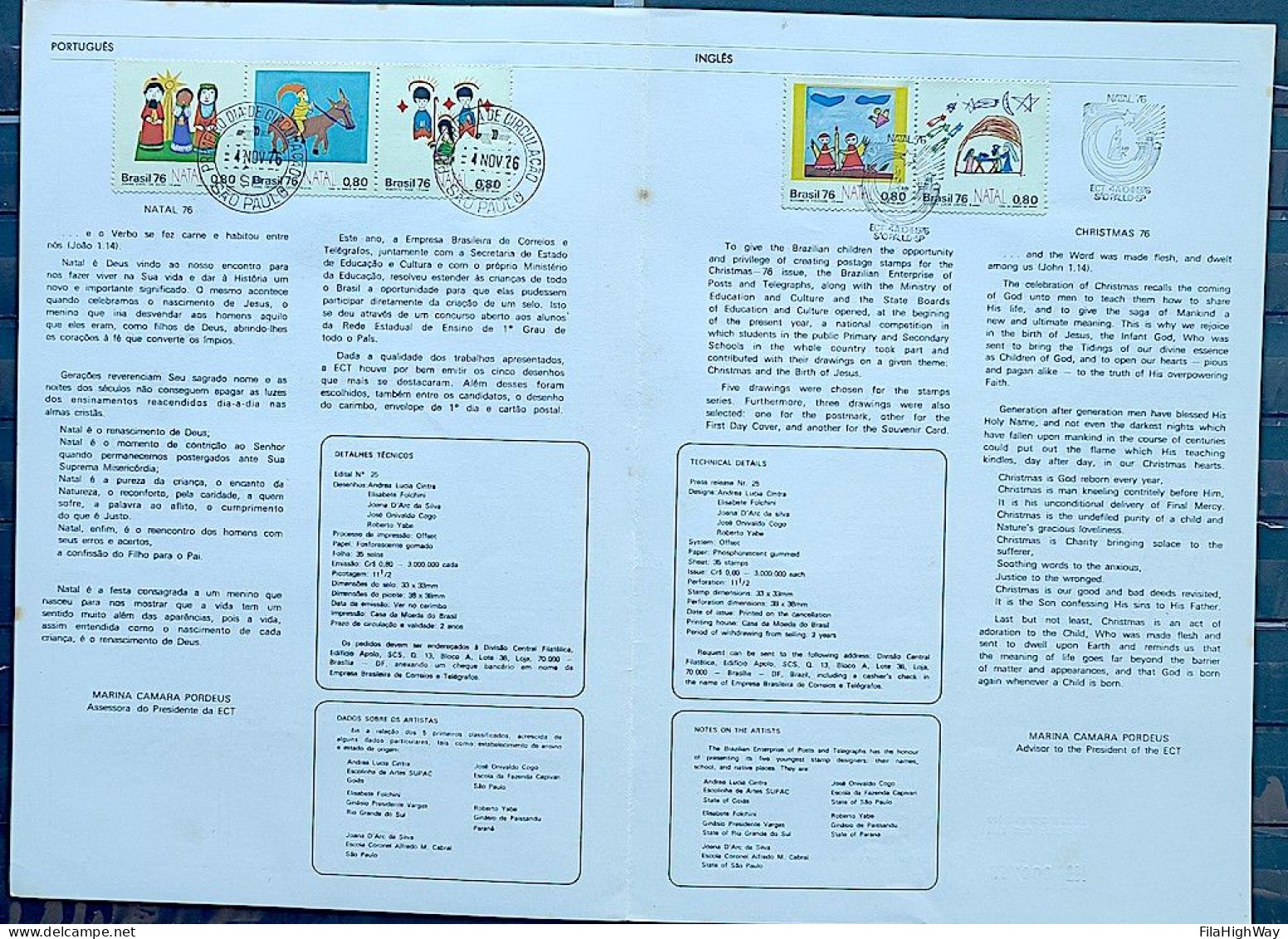 Brochure Brazil Edital 1976 25 Christmas Religion With Stamp CPD And CBC SP - Cartas & Documentos