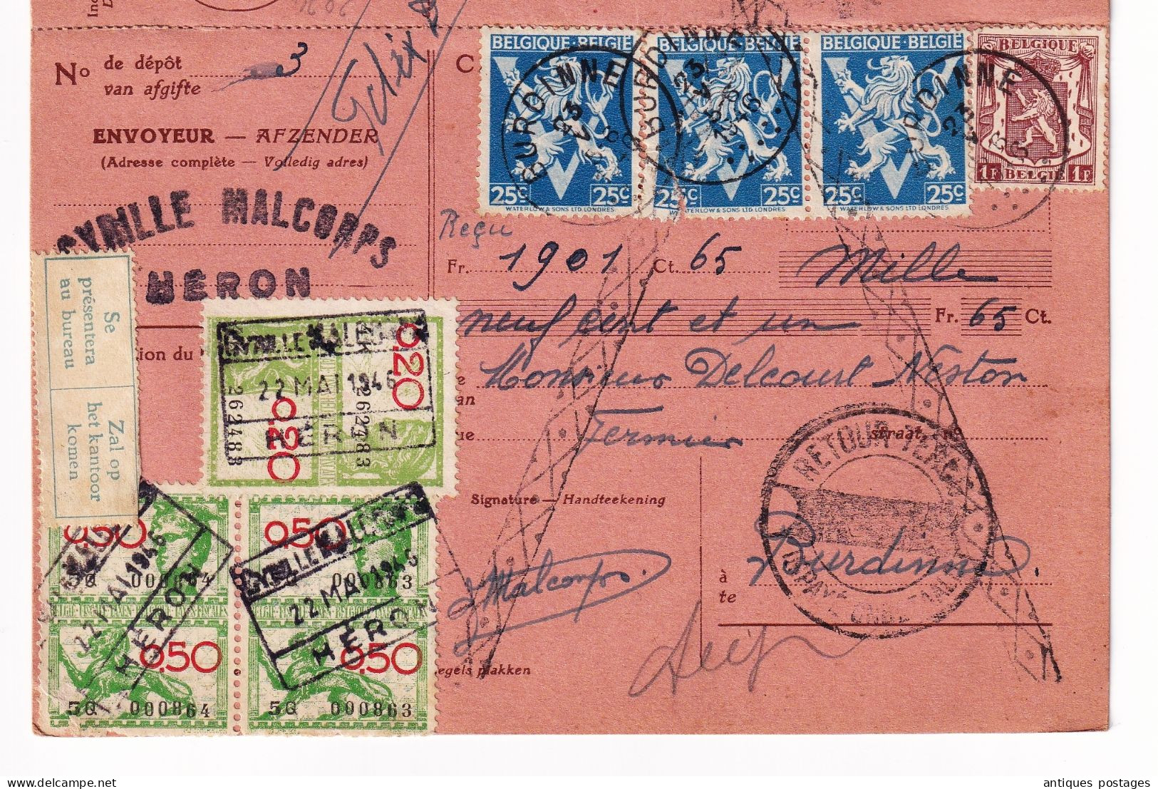 Bulletin De Versement Burdinne 1946 Belgique Héron Cyrille Malcors Timbres Fiscaux - Documentos