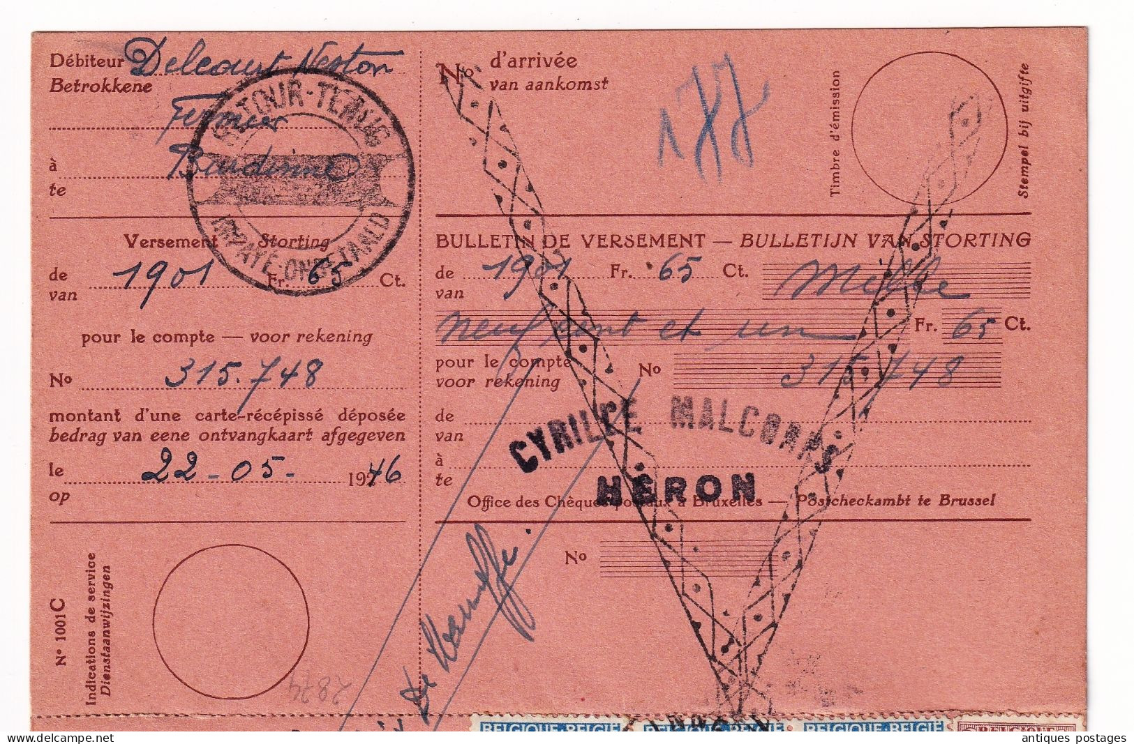 Bulletin De Versement Burdinne 1946 Belgique Héron Cyrille Malcors Timbres Fiscaux - Documentos