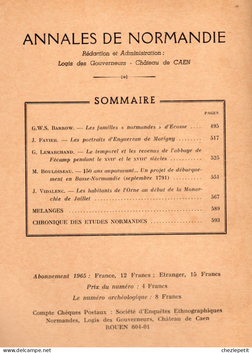 ANNALES DE NORMANDIE 1965 Enguerran De Marigny Abbaye Fécamp Normands D'Ecosse - Normandië