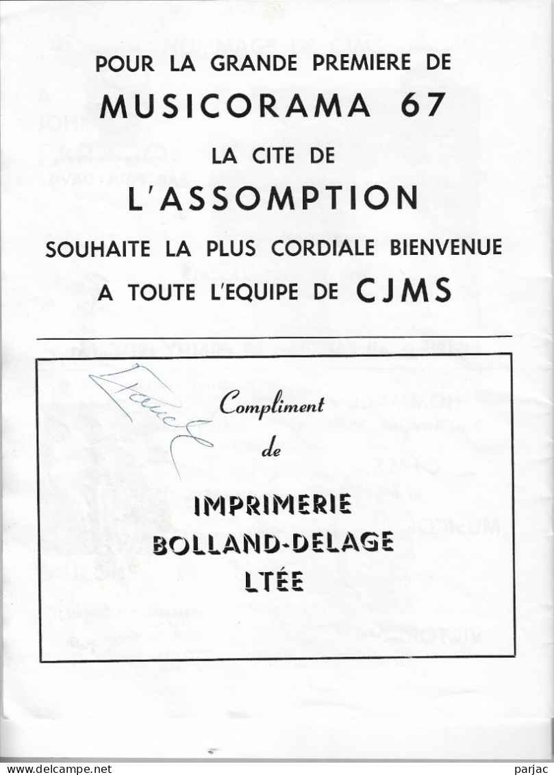 Musiccorama Cjms 1967 Avec Signature De Quelques Arttistes - Singers & Musicians
