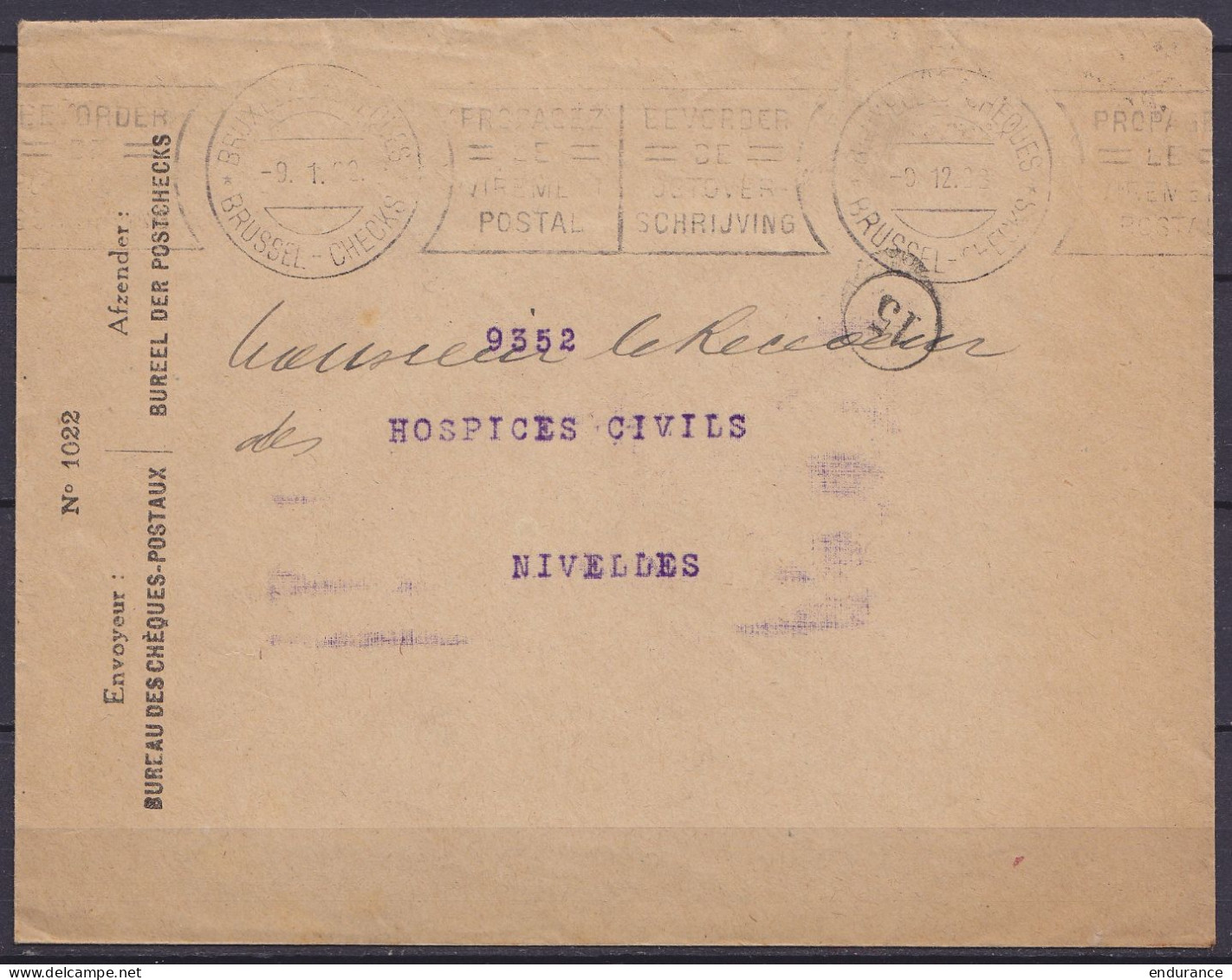 L. Comptes Chèques-Postaux Flam. BRUXELLES-CHEQUES /-9-12-1922 Pour Hospices Civils De NIVELLES - Covers & Documents