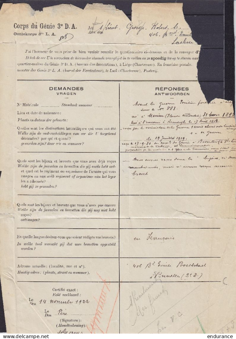 L. Du Régiment Du Génie (formulaire - Voir Scan) Affr. N°138x2 Càd LAEKEN 1D /14 XI 1922 Pour Bureau Des Décorations à L - 1915-1920 Albert I.