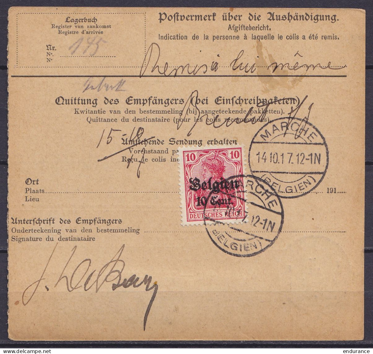 Mandat Affr. N°OC20 Càd CINEY /13 X 1917 Pour MARCHE (au Dos: N°OC14 Càpt "MARCHE /14.10.17/(BELGIEN)") - OC1/25 Gobierno General