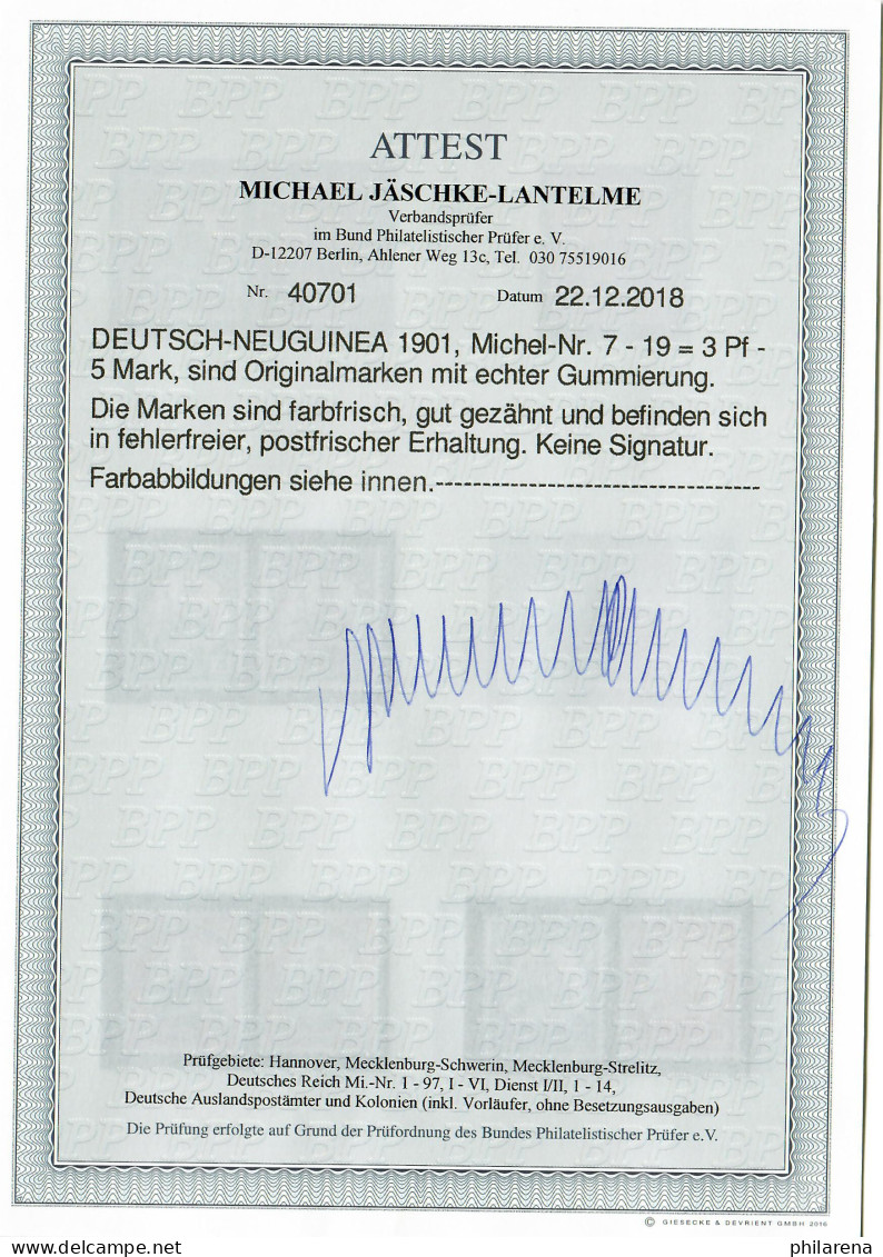 Deutsch-Neuguinea: MiNr. 7-19, Postfrisch, **, BPP Attest - Nueva Guinea Alemana