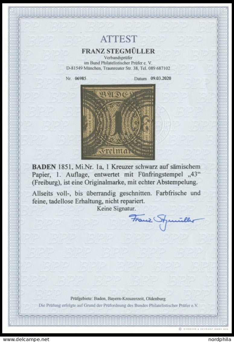 BADEN 1a O, 1851, 1 Kr. Schwarz Auf Sämisch, Nummernstempel 43 (FREIBURG), Allseits Voll-überrandig, Kabinett, Fotoattes - Otros & Sin Clasificación