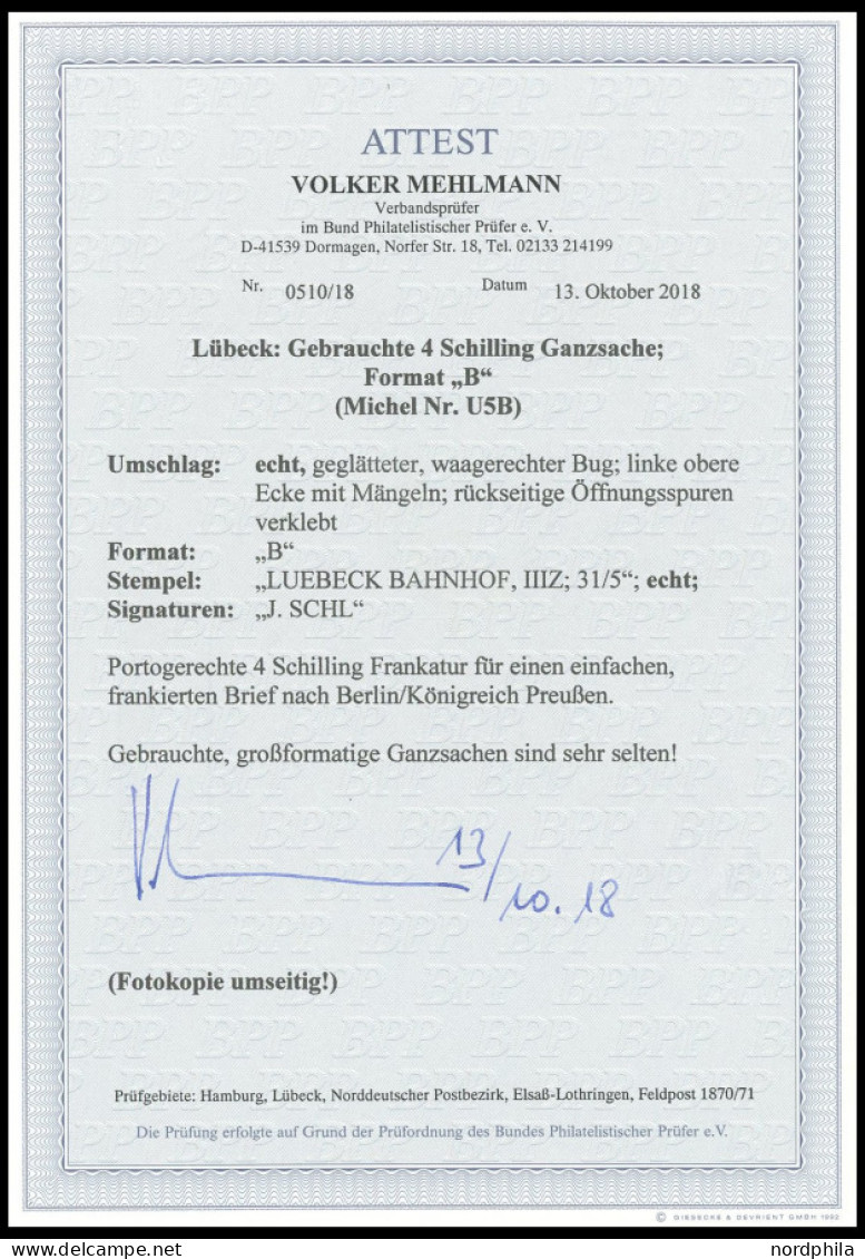 LÜBECK U 5B BRIEF, 4 S. Braun Ganzsachenumschlag Im Format B, K2 LUEBECK BAHNHOF III Z Auf Gesiegeltem Brief Nach Berlin - Luebeck