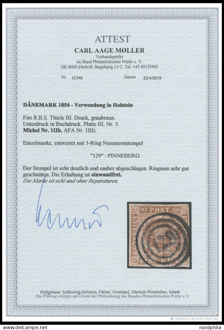 SCHLESWIG-HOLSTEIN DK 1IIb O, 129 (PINNEBERG) Auf 4 RBS Graubraun, Platte III Nr. 3, Kabinett, Fotoattest C.A. Møller - Schleswig-Holstein