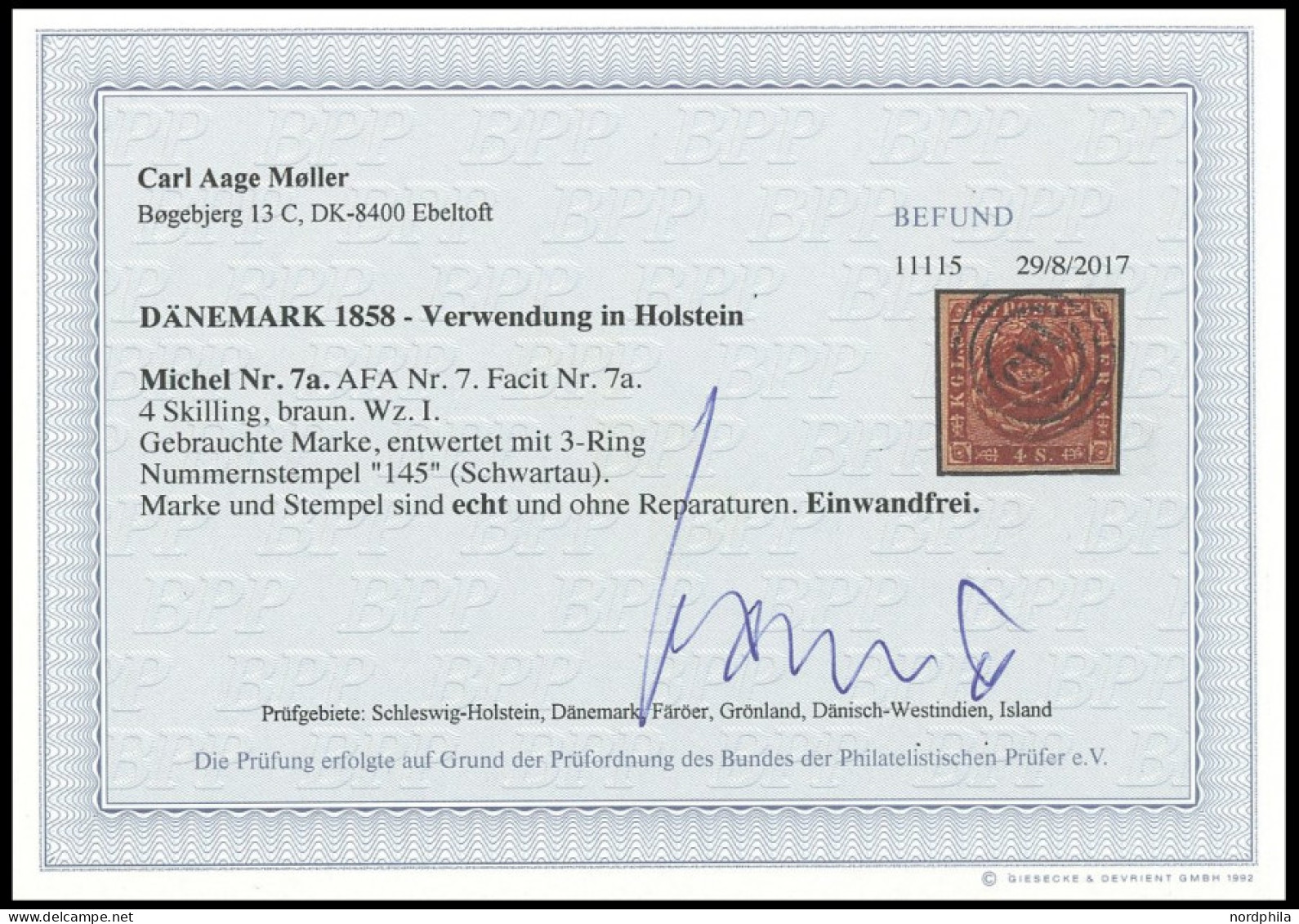 SCHLESWIG-HOLSTEIN DK 7a O, 145 (SCHWARTAU) Auf 4 S. Orangebraun Liniert, Pracht, Fotobefund C.A. Møller - Schleswig-Holstein