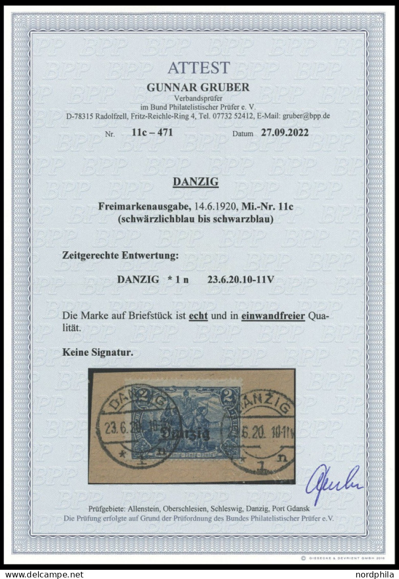 FREIE STADT DANZIG 11c BrfStk, 1920, 2 M. Schwärzlichblau, Zeitgerechte Entwertung DANZIG X1n, Prachtbriefstück, RR!, Fo - Oblitérés