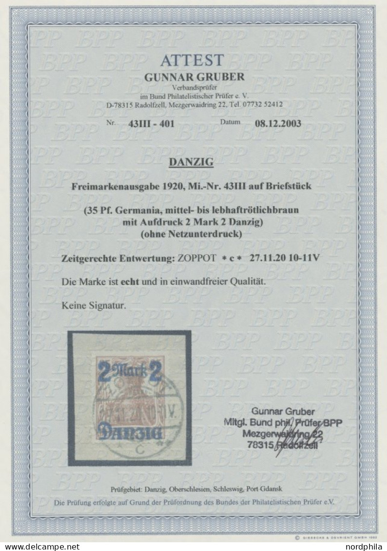 FREIE STADT DANZIG 43III BrfStk, 1920, 2 M. Auf 35 Pf., Ohne Netzunterdruck, Zeitgerechte Entwertung ZOPPOT C, Prachtbri - Used