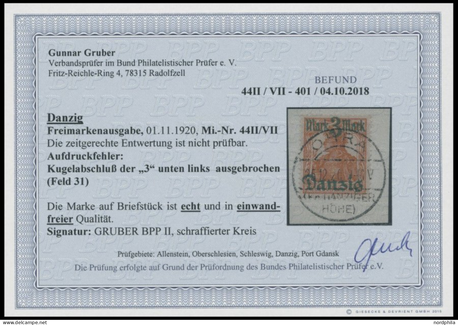 FREIE STADT DANZIG 44II/VII BrfStk, 1920, 3 M. Auf 71/2 Pf, Lilagrauer Netzunterdruck, Spitzen Nach Unten, Mit Aufdruckf - Used