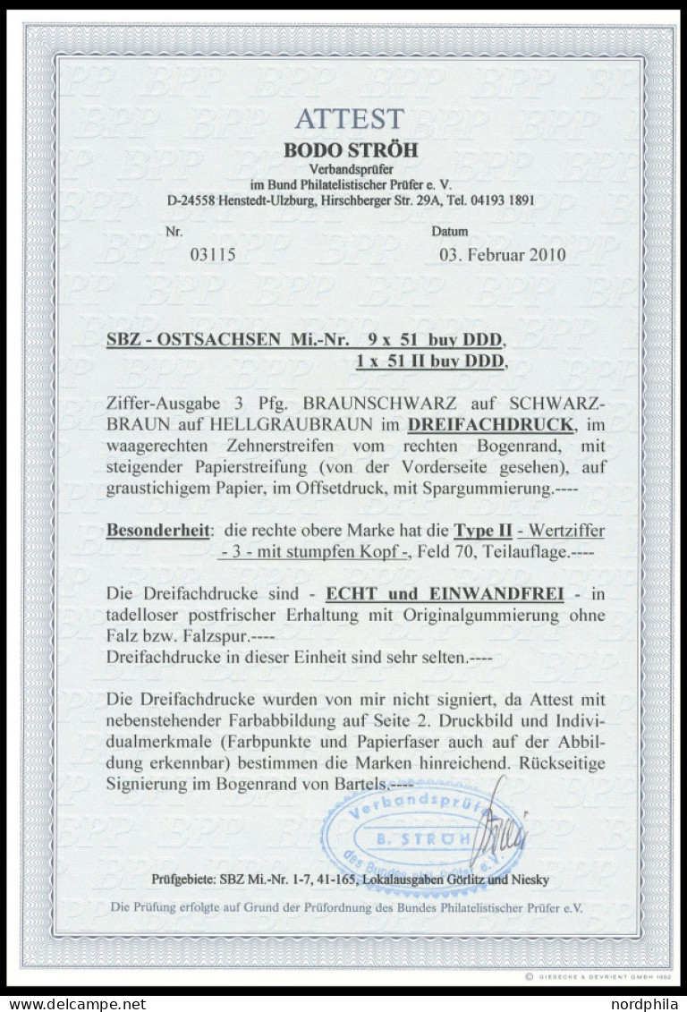 OST-SACHSEN 51IIbuyDDD , 1945, 3 Pf. Braunschwarz Auf Schwarzbraun Auf Hellgraubraun, Seltener Dreifachdruck Im Waagerec - Other & Unclassified