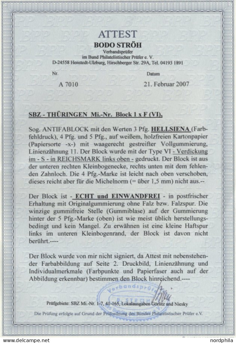 THÜRINGEN Bl. 1xb , 1945, Block Antifa, Weißes Kartonpapier, Type VI, Mi.Nr. 100 In Hellsiena, Pracht, Fotoattest Ströh, - Autres & Non Classés