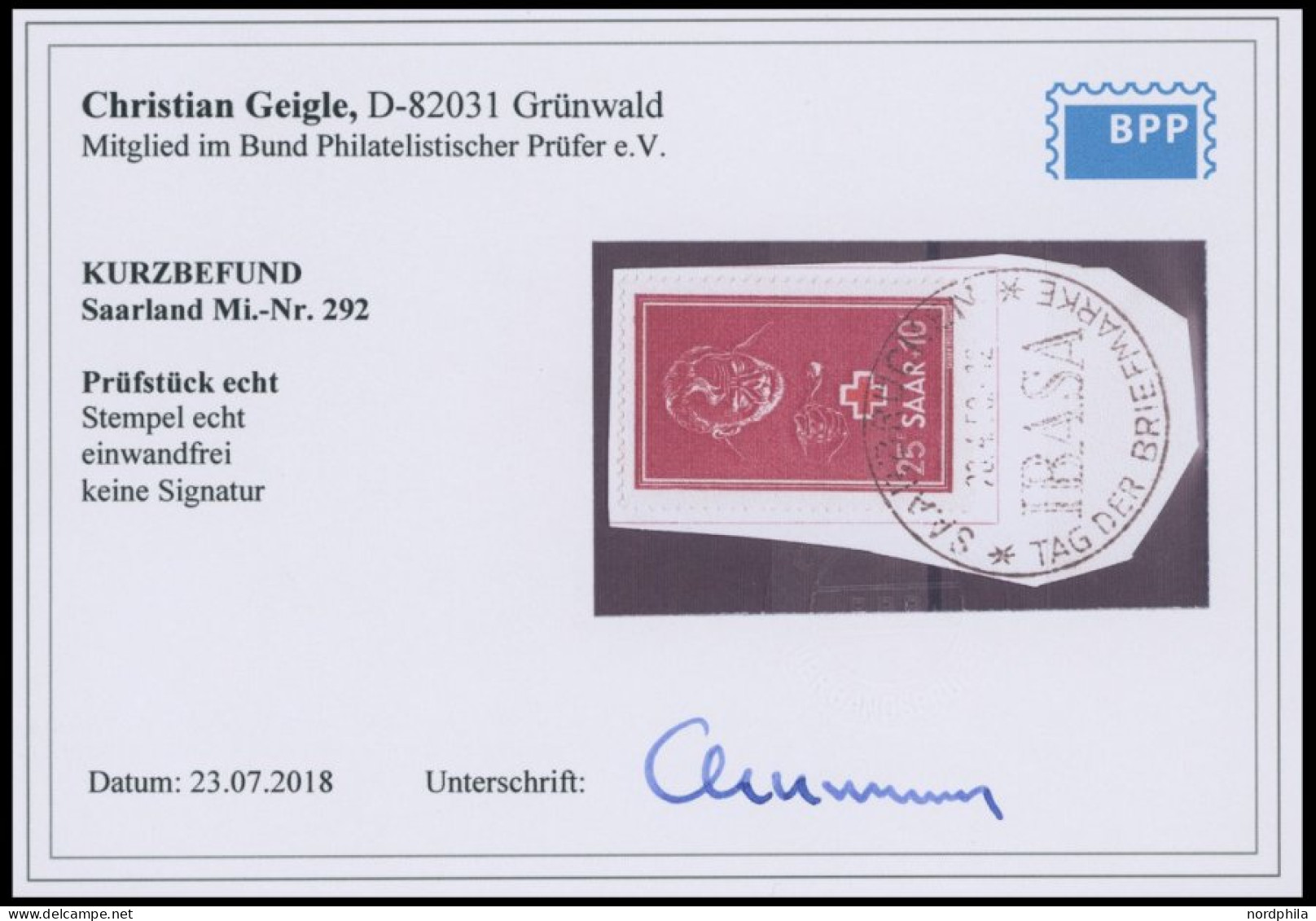 SAARLAND 292 BrfStk, 1950, 25 Fr. Rotes Kreuz Mit Sonderstempel Auf Briefstück, Pracht, Kurzbefund Geigle, Mi. 80.- - Other & Unclassified