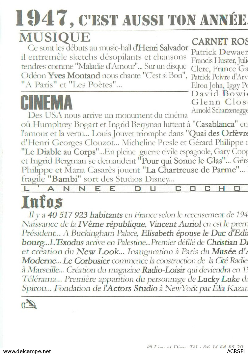 Naissance, Cette Année La. 1947 Henri Salvador. Mais Aussi... (scan Recto-verso) KEVREN0148 - Nacimientos