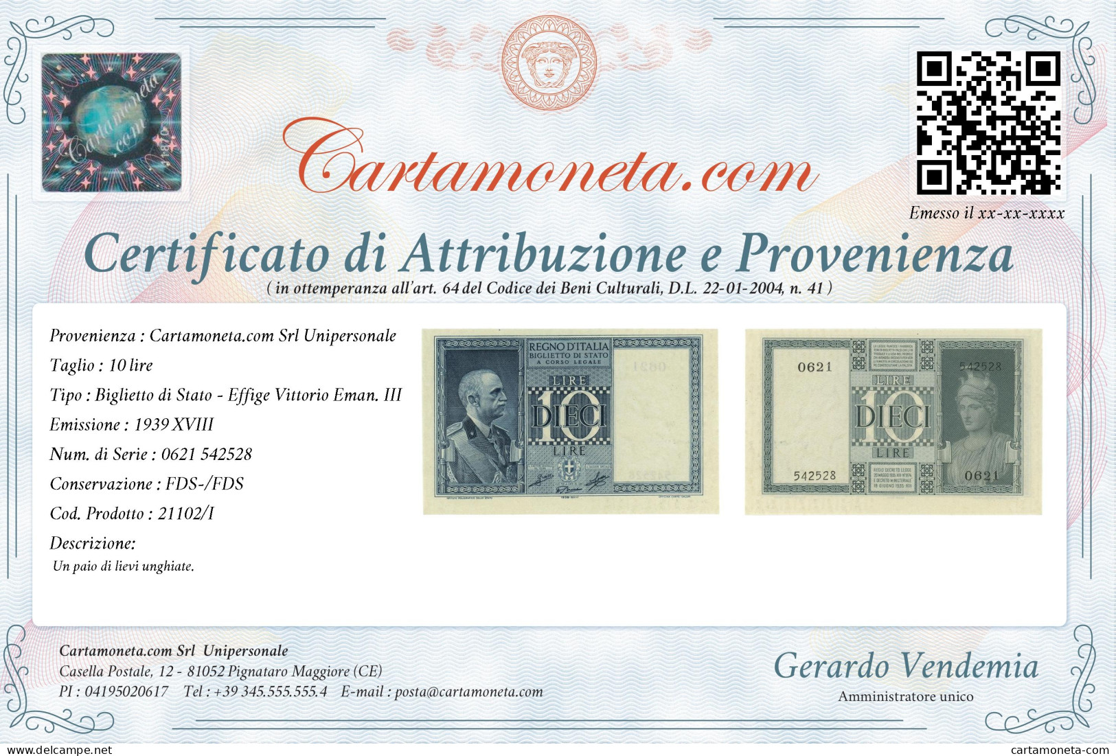 10 LIRE BIGLIETTO DI STATO VITTORIO EMANUELE III FASCIO 1939 XVIII FDS-/FDS - Regno D'Italia – Other