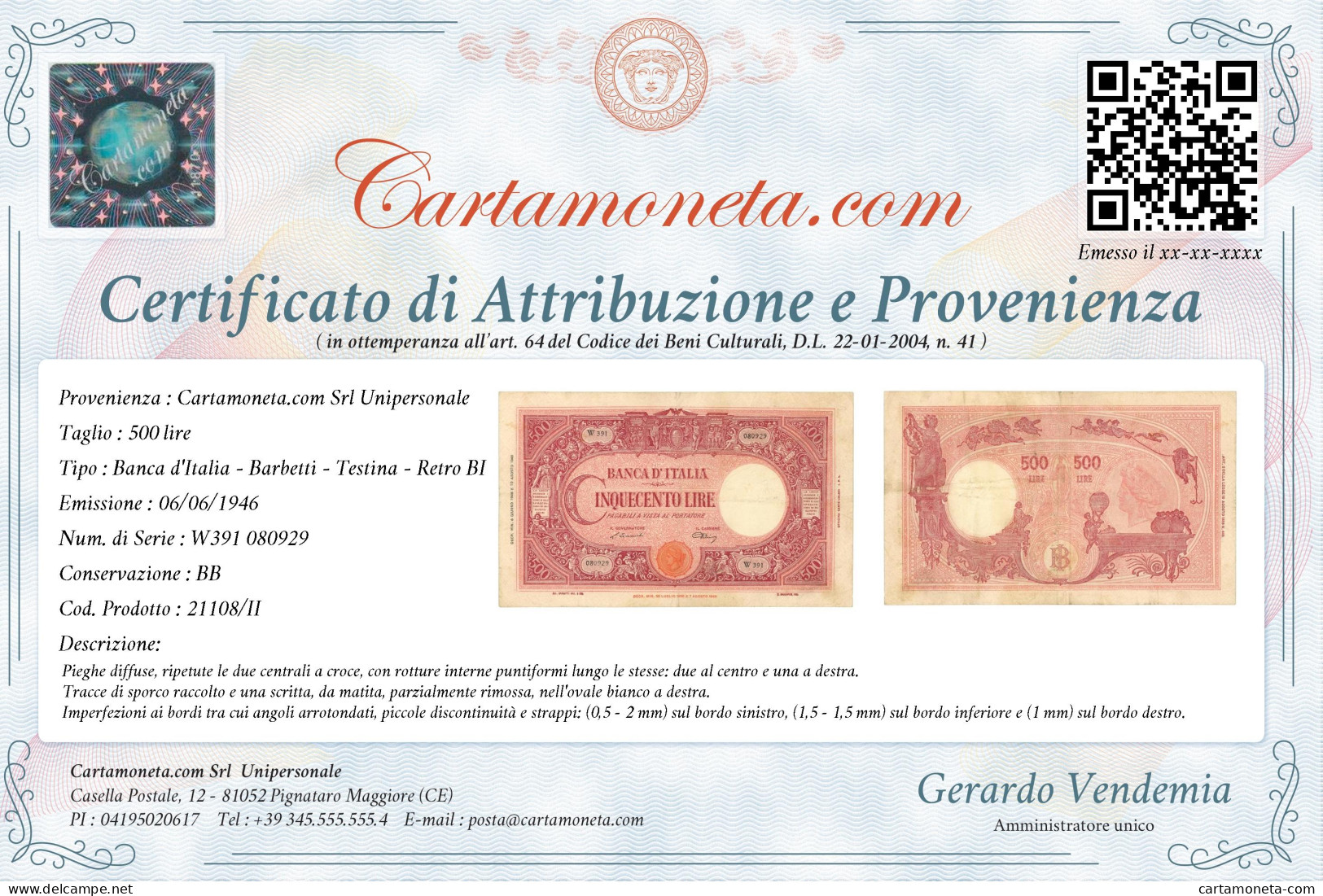 500 LIRE BARBETTI GRANDE C TESTINA BI UMBERTO II 06/06/1946 BB - Regno D'Italia – Autres