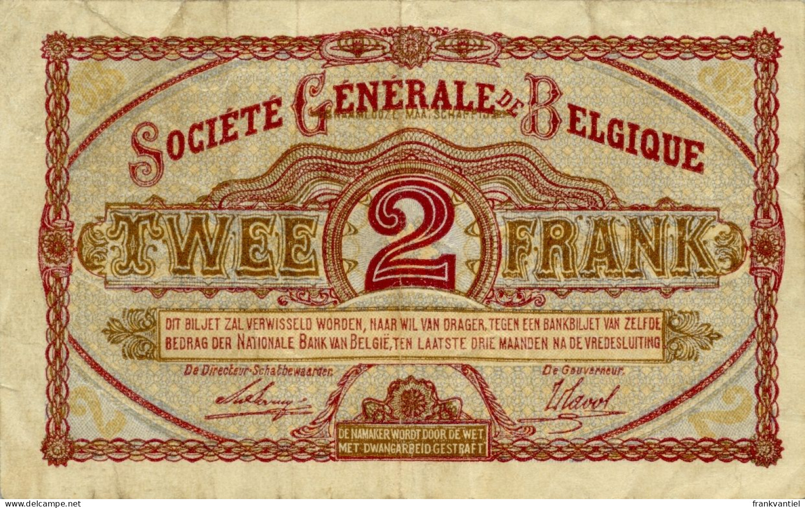 Belgique / België / Belgium P-87 2 Francs 1918 Société Générale Used - 1-2 Francs